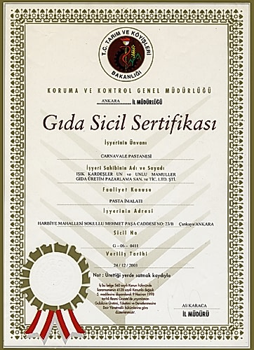 Gıda Sicil Sertifikası