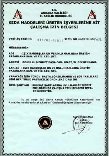Gıda Üretim Çalışma Belgesi